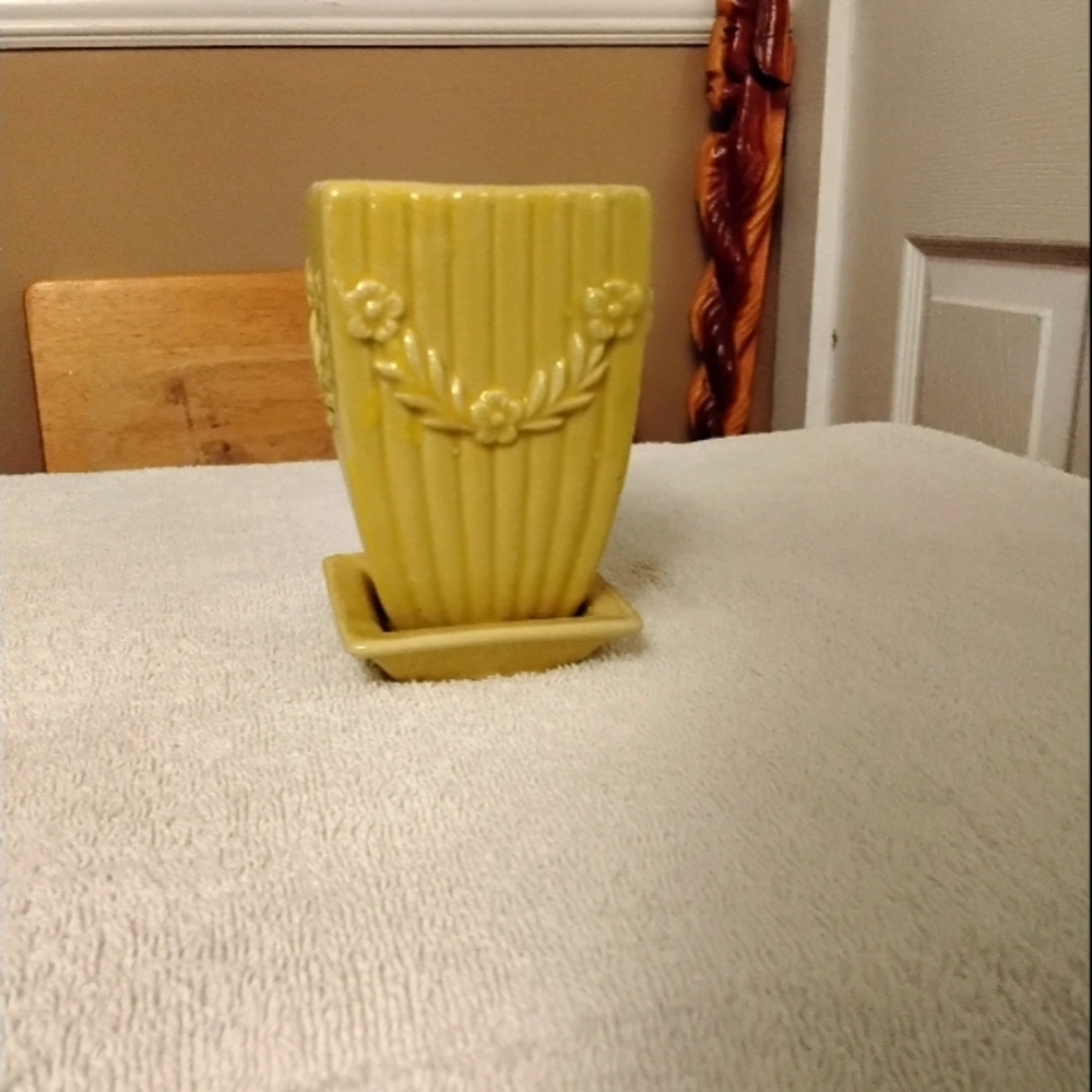 Vtg. Yellow Ceramic Vase with Floral Design